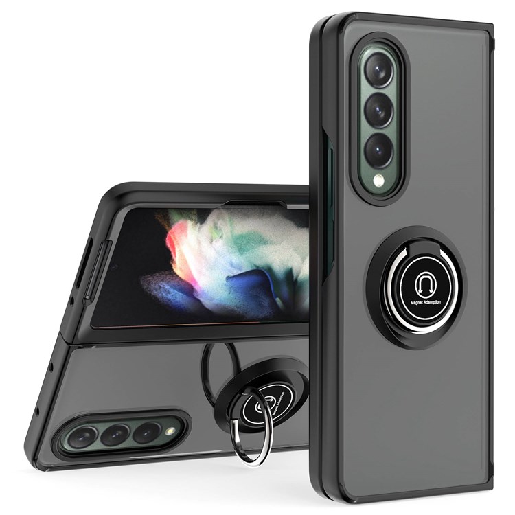 For Samsung Galaxy Z Fold3 5G Ring Kickstand Case Translucent Hard Matte PC Soft TPU Slim Cover - Black-1