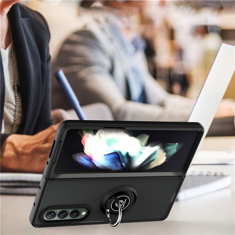For Samsung Galaxy Z Fold3 5G Ring Kickstand Case Translucent Hard Matte PC Soft TPU Slim Cover - Black-2