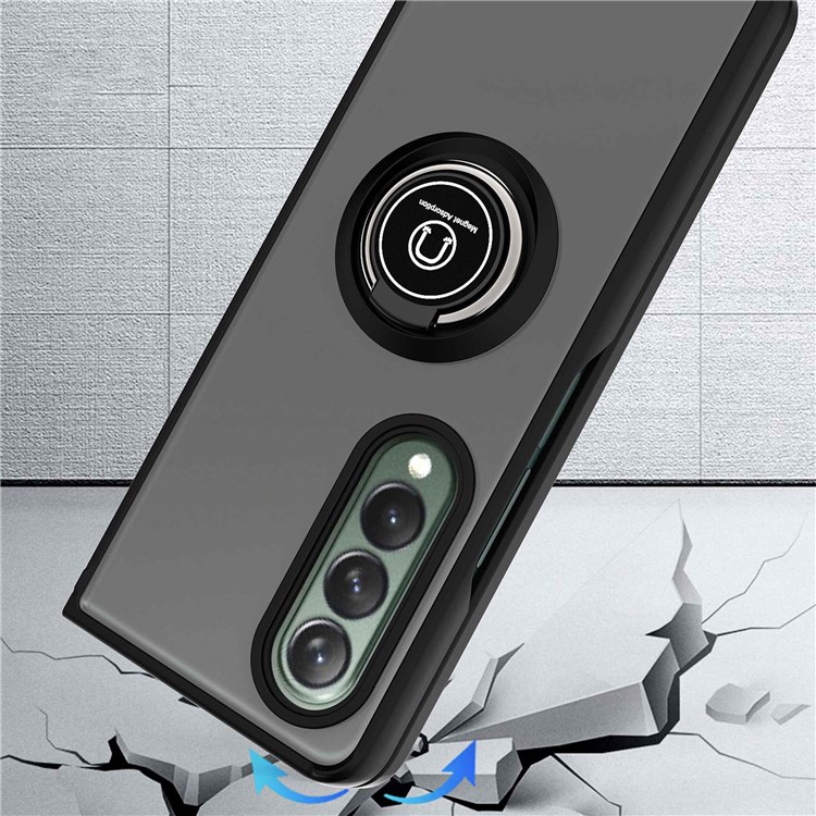 For Samsung Galaxy Z Fold3 5G Ring Kickstand Case Translucent Hard Matte PC Soft TPU Slim Cover - Black-4