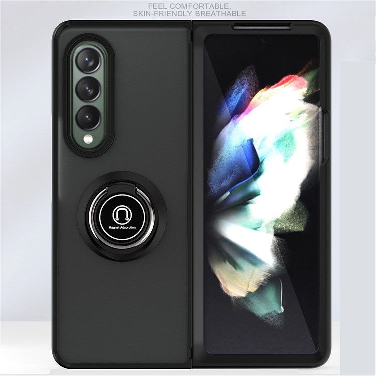 For Samsung Galaxy Z Fold3 5G Ring Kickstand Case Translucent Hard Matte PC Soft TPU Slim Cover - Black-5