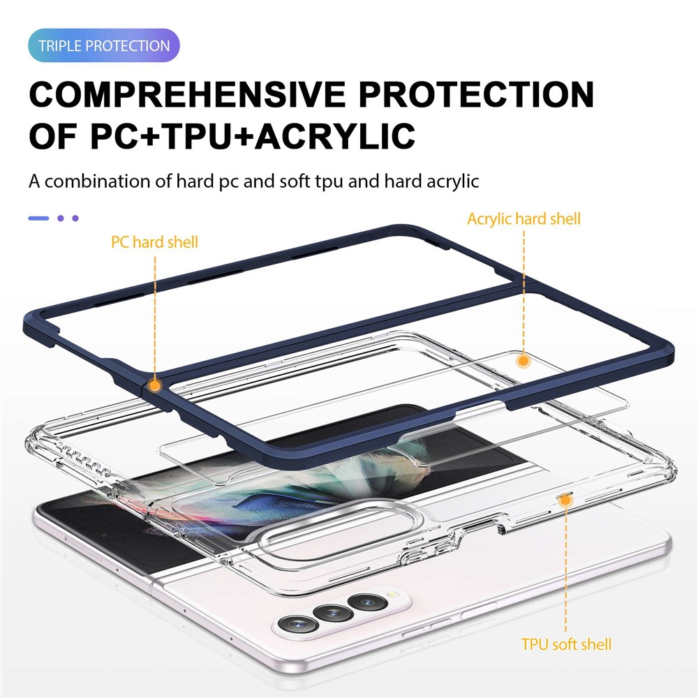 For Samsung Galaxy Z Fold3 5G Clear Case Hard Acrylic Back with TPU+PC Anti-Drop Protective Phone Cover - Navy Blue-5