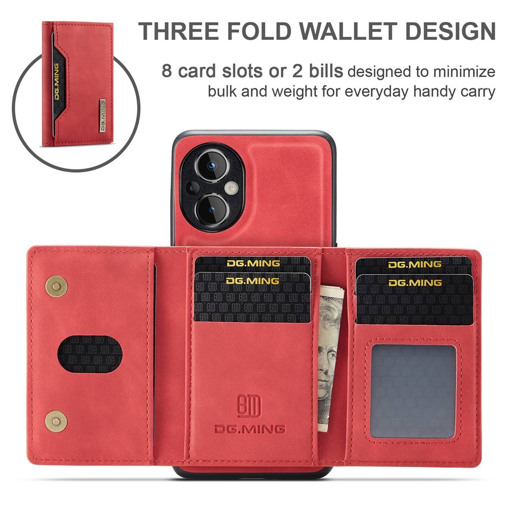 DG.MING M2 Series for OnePlus Nord N20 5G Magnetic Absorption Detachable Wallet Phone Case Kickstand Protective Cover - Red-12