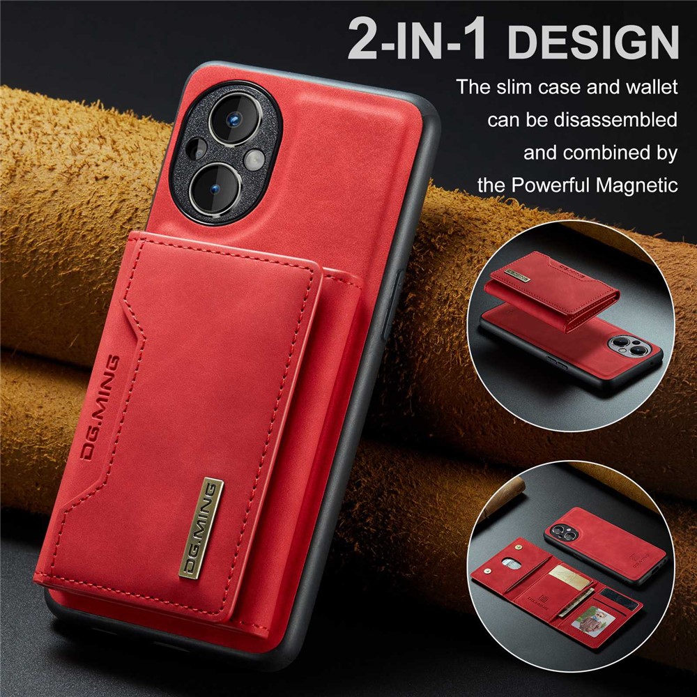 DG.MING M2 Series for OnePlus Nord N20 5G Magnetic Absorption Detachable Wallet Phone Case Kickstand Protective Cover - Red-7