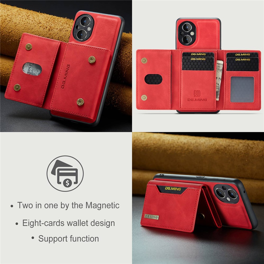 DG.MING M2 Series for OnePlus Nord N20 5G Magnetic Absorption Detachable Wallet Phone Case Kickstand Protective Cover - Red-9