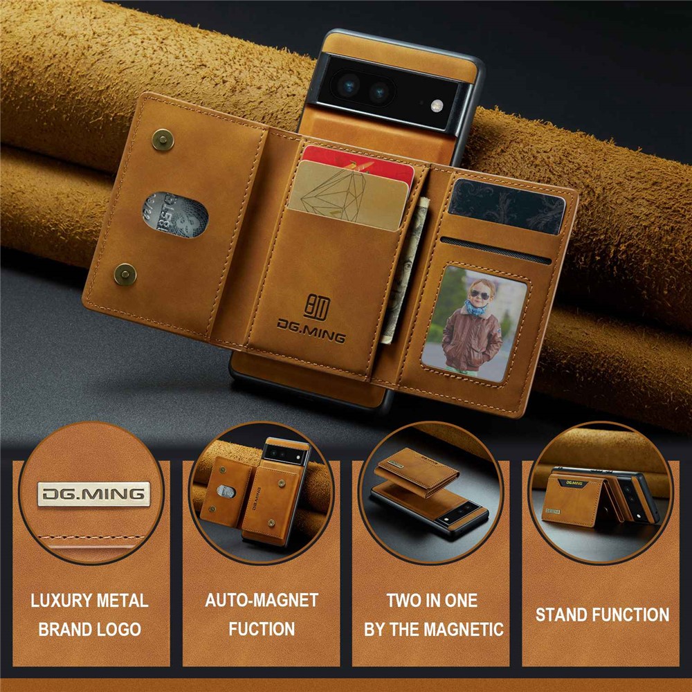 DG.MING M2 Series for Google Pixel 6a Detachable 2-in-1 Magnetic Wallet Phone Case Anti-scratch Kickstand Cover - Brown-7