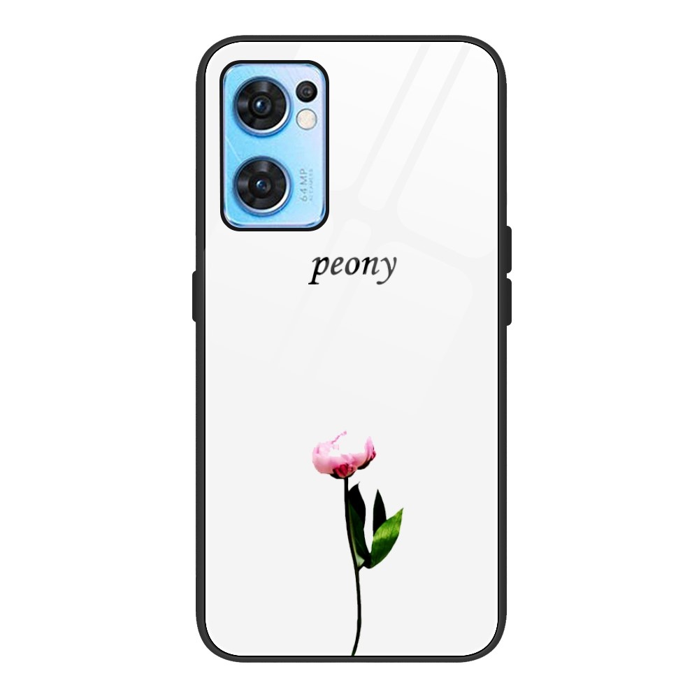 For Oppo Reno7 5G (Global) Pattern Printing Anti-fall Phone Case Well Protection Tempered Glass+PC+TPU Phone Cover - Peony-1