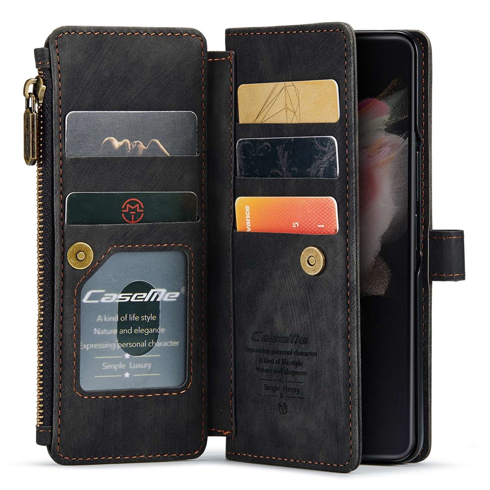 CASEME C30 Series For Samsung Galaxy Z Fold4 5G Zipper Pocket Wallet PU Leather 5 Card Slots Stand Cell Phone Cover - Black-2