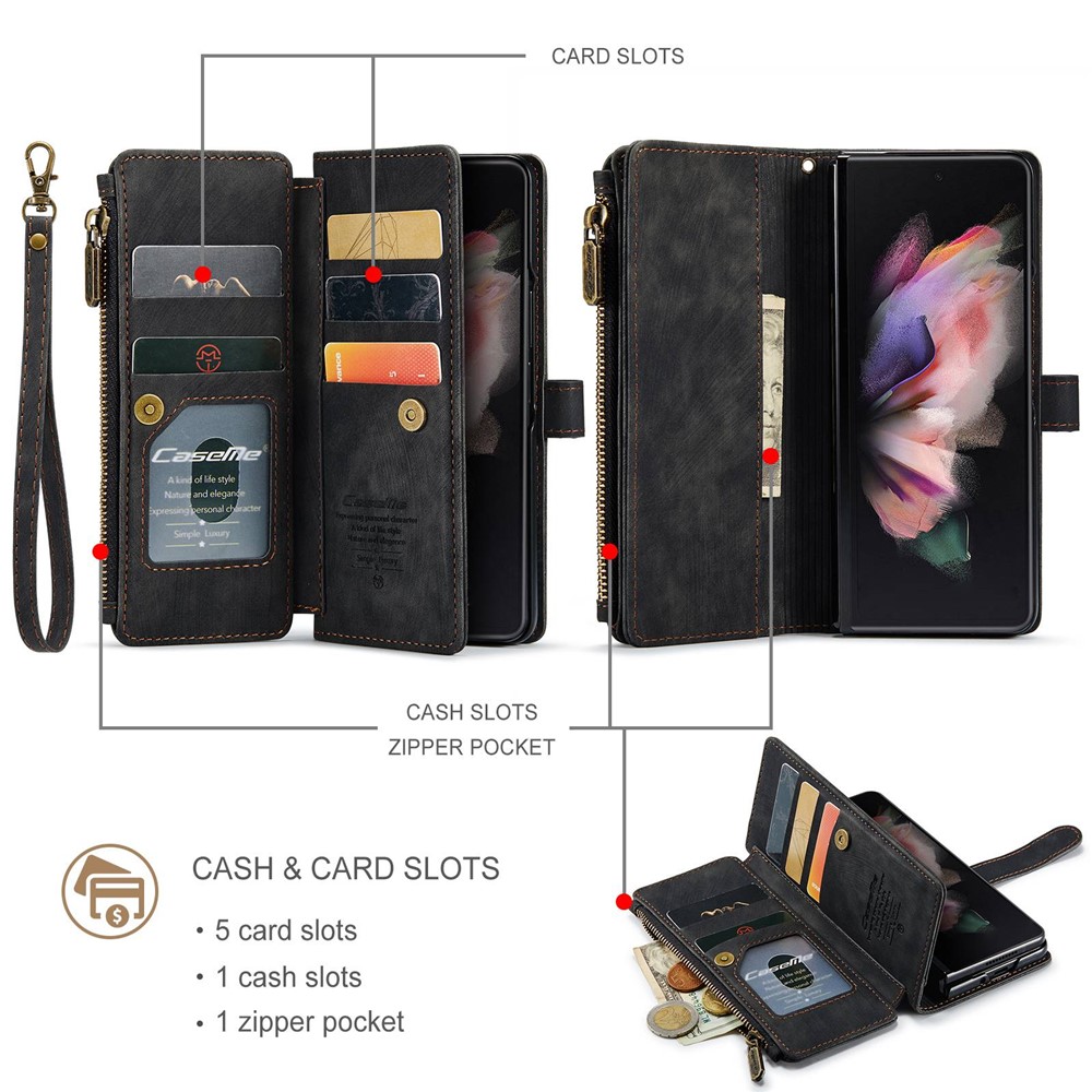 CASEME C30 Series For Samsung Galaxy Z Fold4 5G Zipper Pocket Wallet PU Leather 5 Card Slots Stand Cell Phone Cover - Black-7