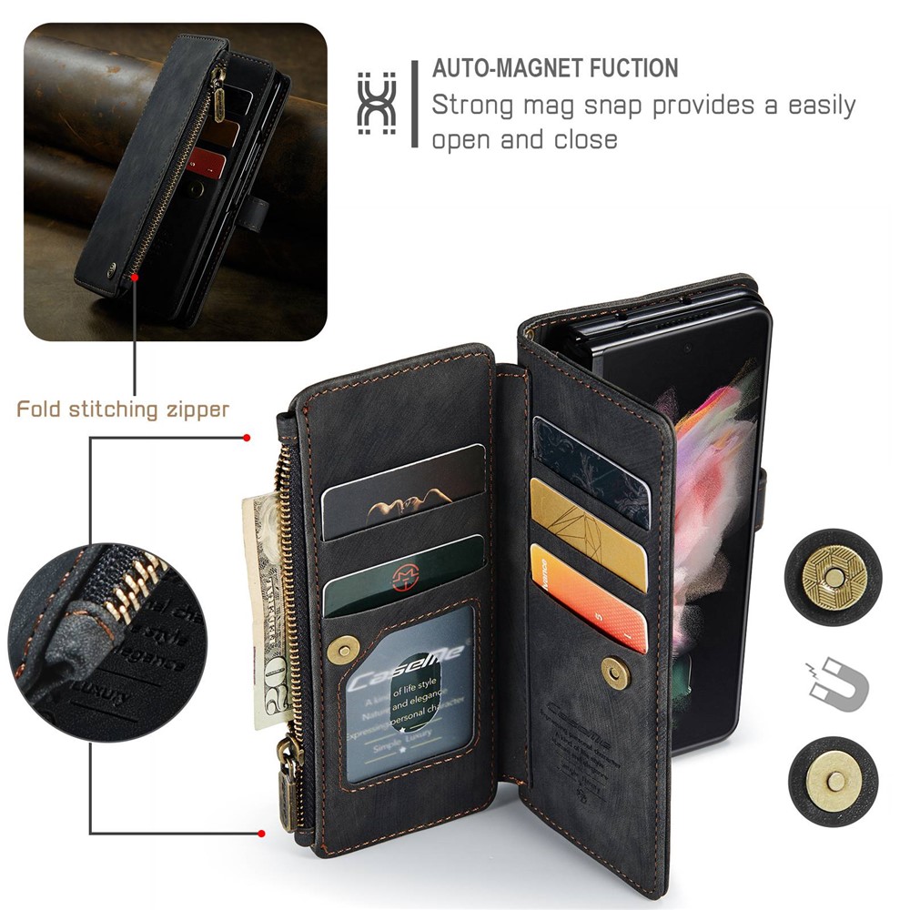 CASEME C30 Series For Samsung Galaxy Z Fold4 5G Zipper Pocket Wallet PU Leather 5 Card Slots Stand Cell Phone Cover - Black-9