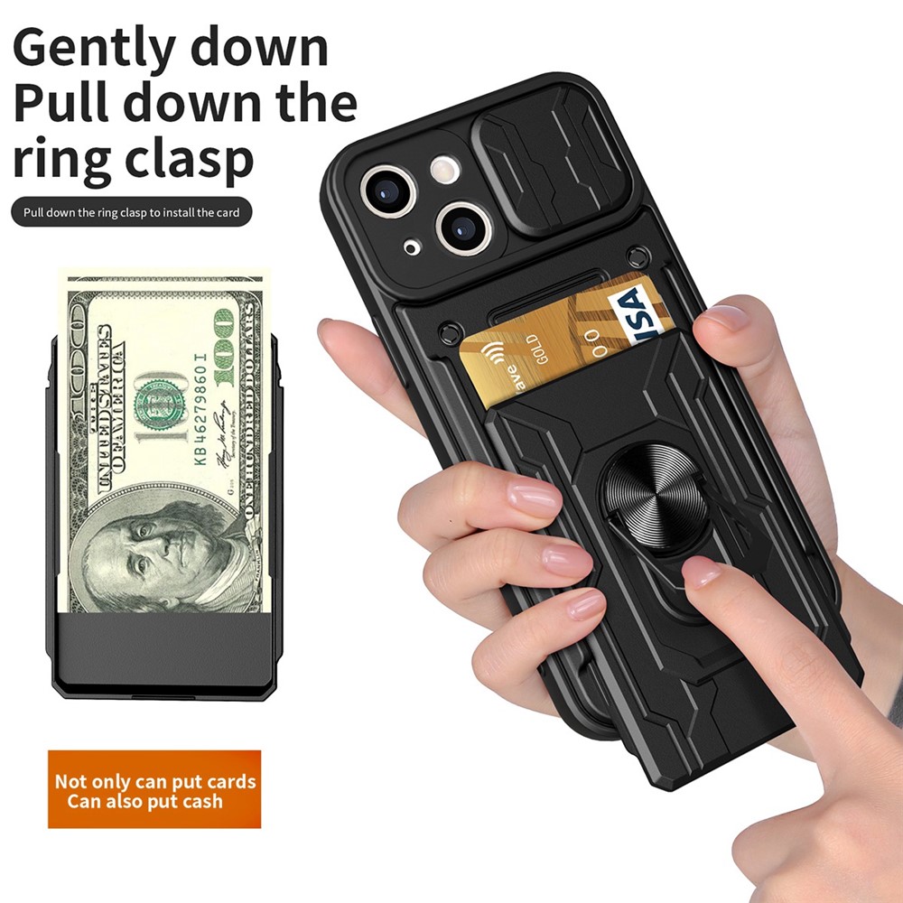 For iPhone 14 Max 6.7 inch Card Holder Kickstand Phone Case Hybrid PC + TPU Slide Lens Protection Scratch-Resistant Cover - Black-2