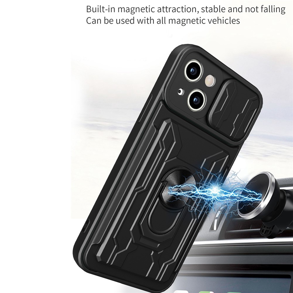 For iPhone 14 Max 6.7 inch Card Holder Kickstand Phone Case Hybrid PC + TPU Slide Lens Protection Scratch-Resistant Cover - Black-4