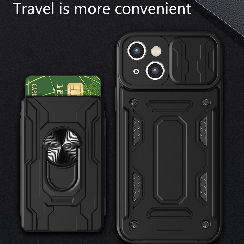 For iPhone 14 Max 6.7 inch Card Holder Kickstand Phone Case Hybrid PC + TPU Slide Lens Protection Scratch-Resistant Cover - Black-5