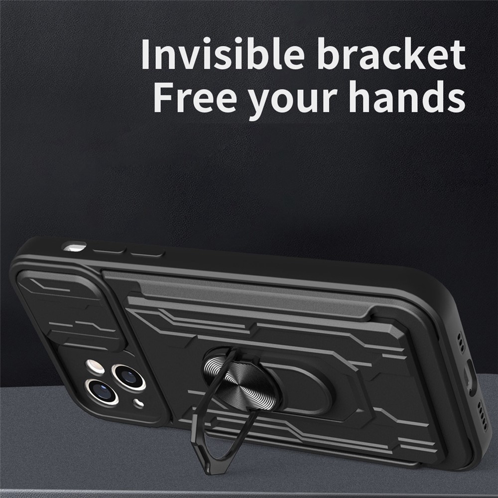For iPhone 14 Max 6.7 inch Card Holder Kickstand Phone Case Hybrid PC + TPU Slide Lens Protection Scratch-Resistant Cover - Black-6