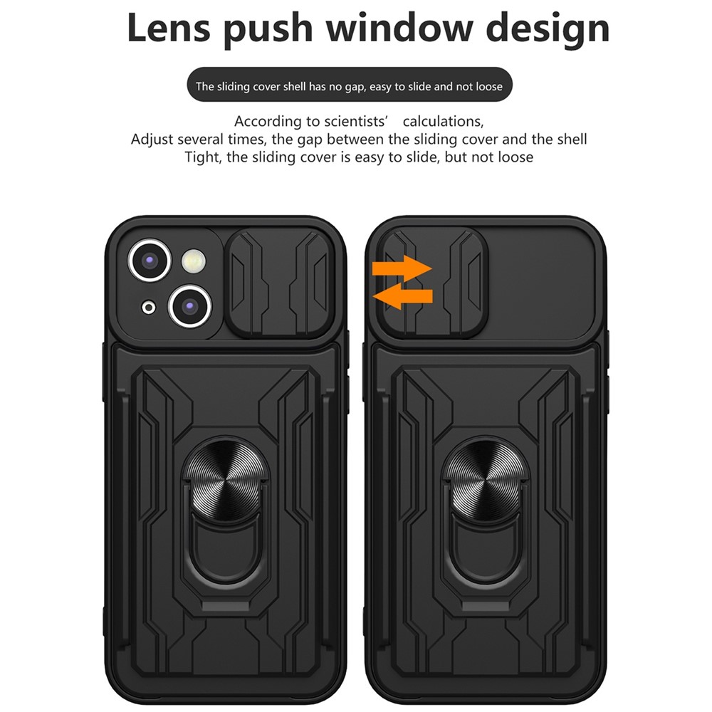 For iPhone 14 Max 6.7 inch Card Holder Kickstand Phone Case Hybrid PC + TPU Slide Lens Protection Scratch-Resistant Cover - Black-7