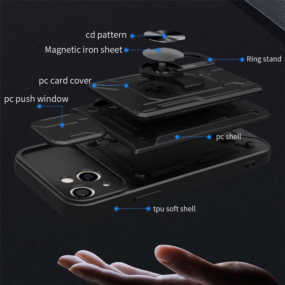For iPhone 14 Max 6.7 inch Card Holder Kickstand Phone Case Hybrid PC + TPU Slide Lens Protection Scratch-Resistant Cover - Black-8