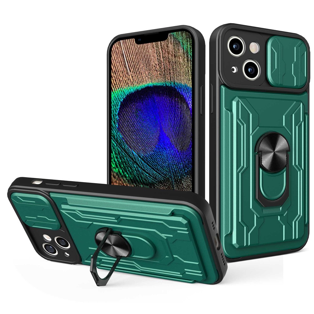 For iPhone 14 Max 6.7 inch Card Holder Kickstand Phone Case Hybrid PC + TPU Slide Lens Protection Scratch-Resistant Cover - Blackish Green-1