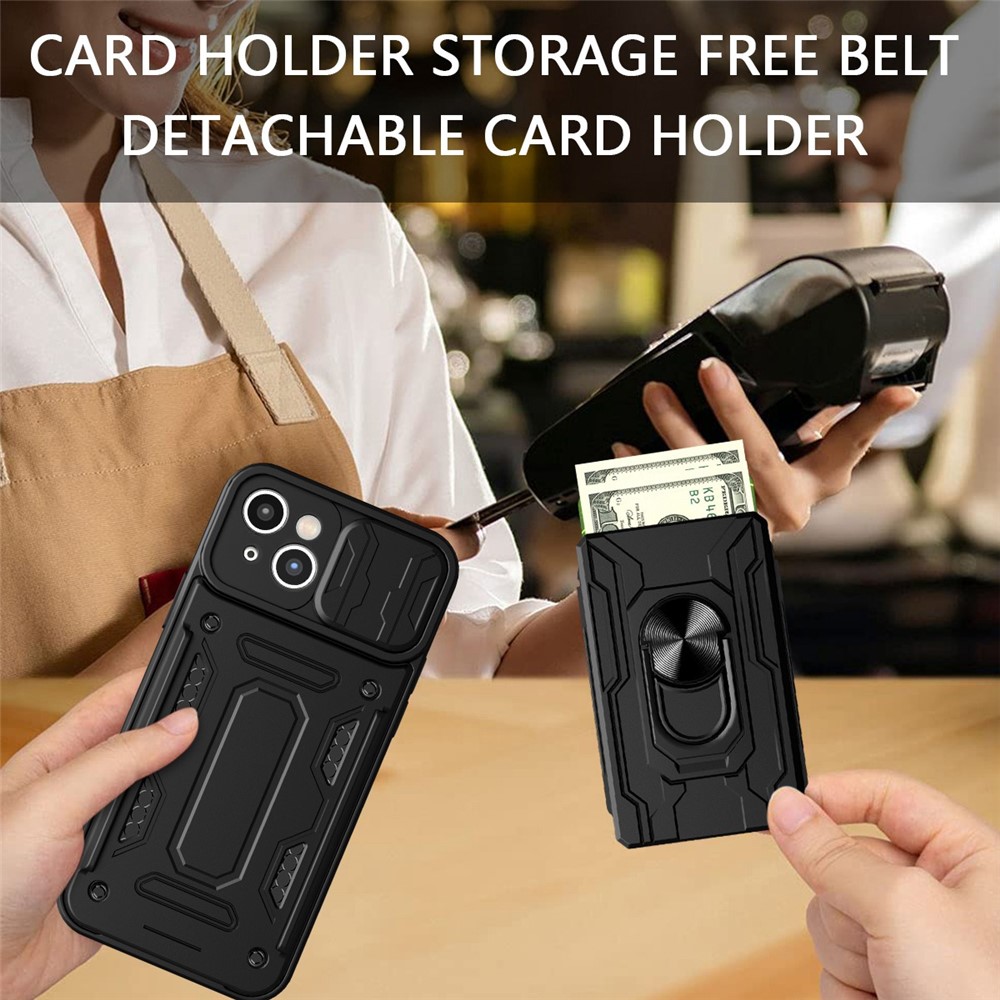 For iPhone 14 Max 6.7 inch Card Holder Kickstand Phone Case Hybrid PC + TPU Slide Lens Protection Scratch-Resistant Cover - Blackish Green-3
