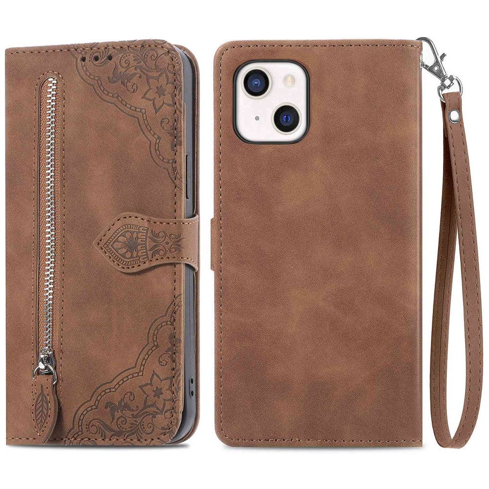 For iPhone 13 6.1 inch Anti-fall Imprinted Flip Leather Phone Case Zipper Pocket Feature Wallet Cover with Stand Card Holder - Brown-1