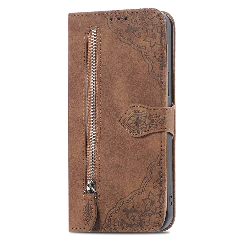 For iPhone 13 6.1 inch Anti-fall Imprinted Flip Leather Phone Case Zipper Pocket Feature Wallet Cover with Stand Card Holder - Brown-10