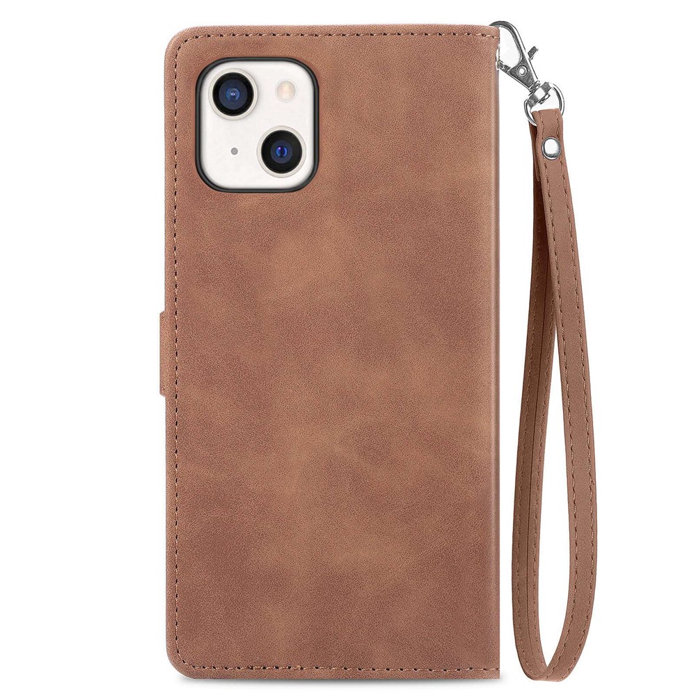 For iPhone 13 6.1 inch Anti-fall Imprinted Flip Leather Phone Case Zipper Pocket Feature Wallet Cover with Stand Card Holder - Brown-11