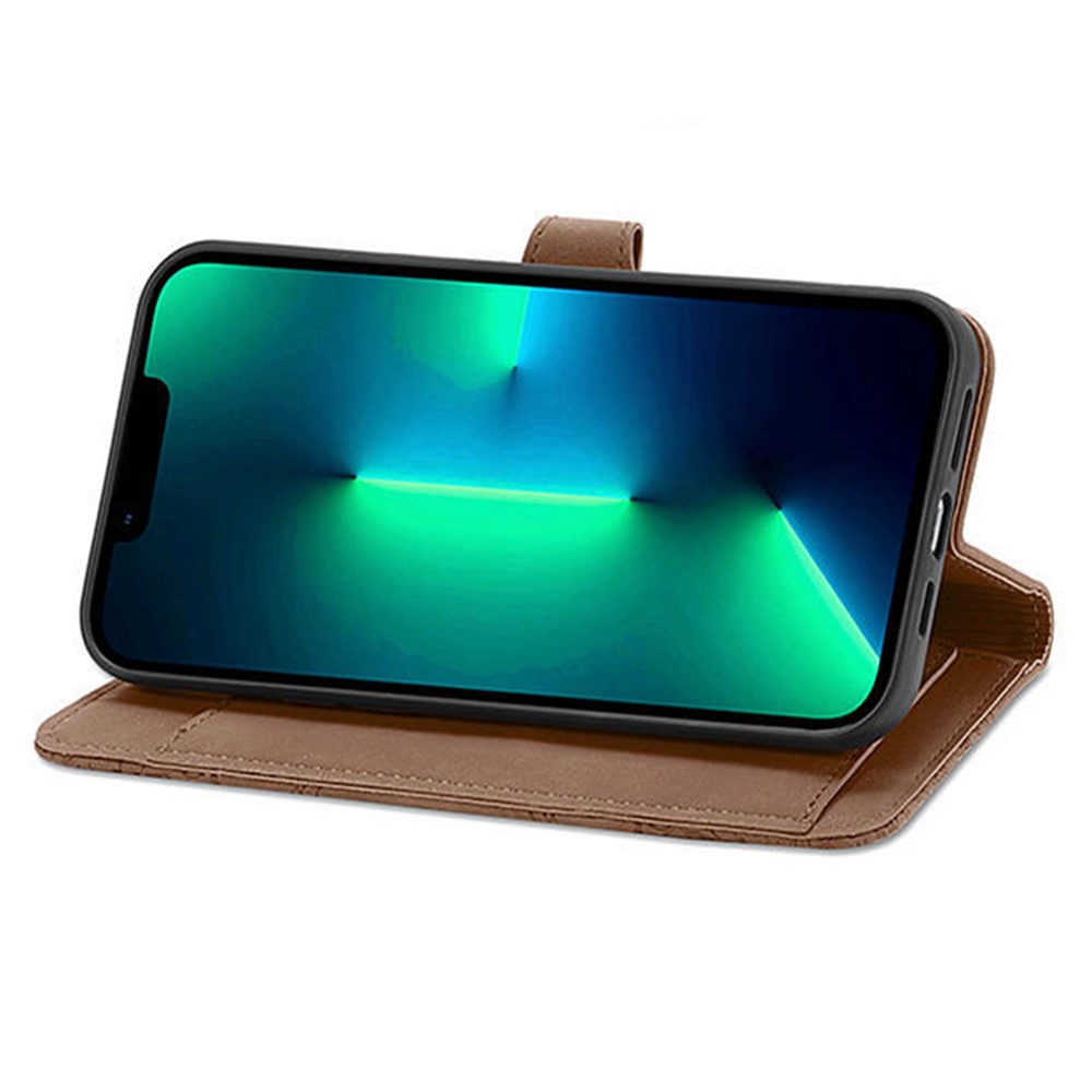 For iPhone 13 6.1 inch Anti-fall Imprinted Flip Leather Phone Case Zipper Pocket Feature Wallet Cover with Stand Card Holder - Brown-3