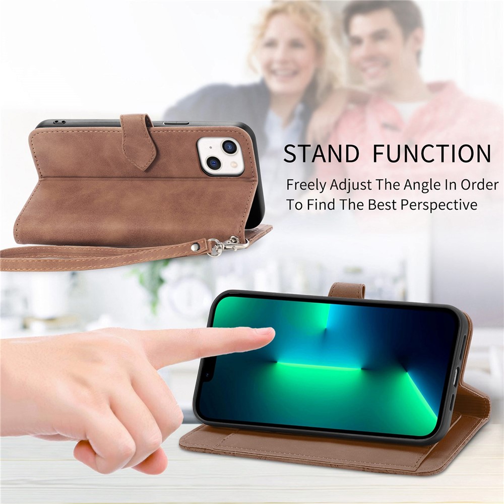 For iPhone 13 6.1 inch Anti-fall Imprinted Flip Leather Phone Case Zipper Pocket Feature Wallet Cover with Stand Card Holder - Brown-4