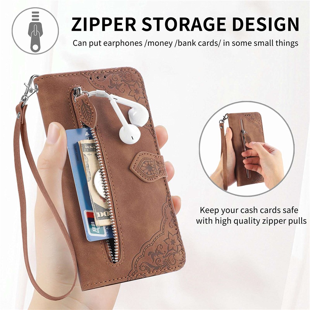 For iPhone 13 6.1 inch Anti-fall Imprinted Flip Leather Phone Case Zipper Pocket Feature Wallet Cover with Stand Card Holder - Brown-5