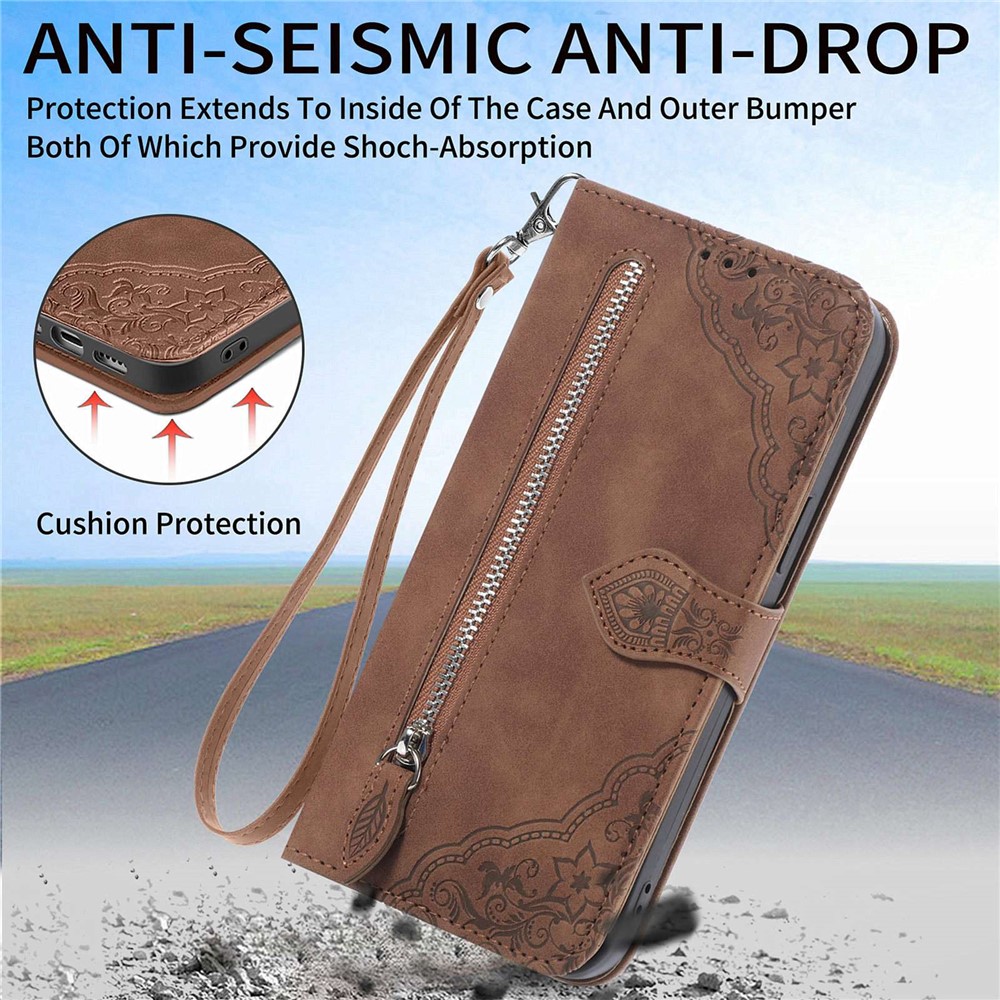 For iPhone 13 6.1 inch Anti-fall Imprinted Flip Leather Phone Case Zipper Pocket Feature Wallet Cover with Stand Card Holder - Brown-6