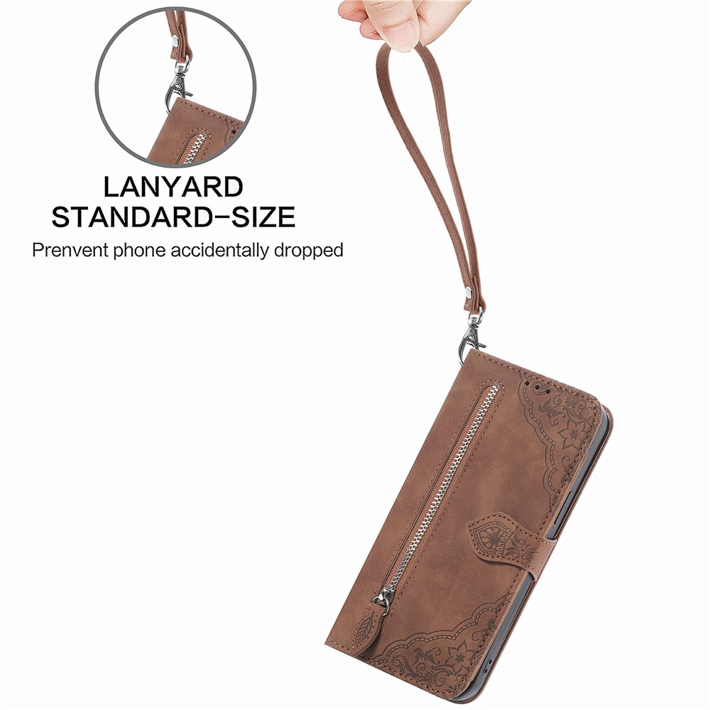 For iPhone 13 6.1 inch Anti-fall Imprinted Flip Leather Phone Case Zipper Pocket Feature Wallet Cover with Stand Card Holder - Brown-8