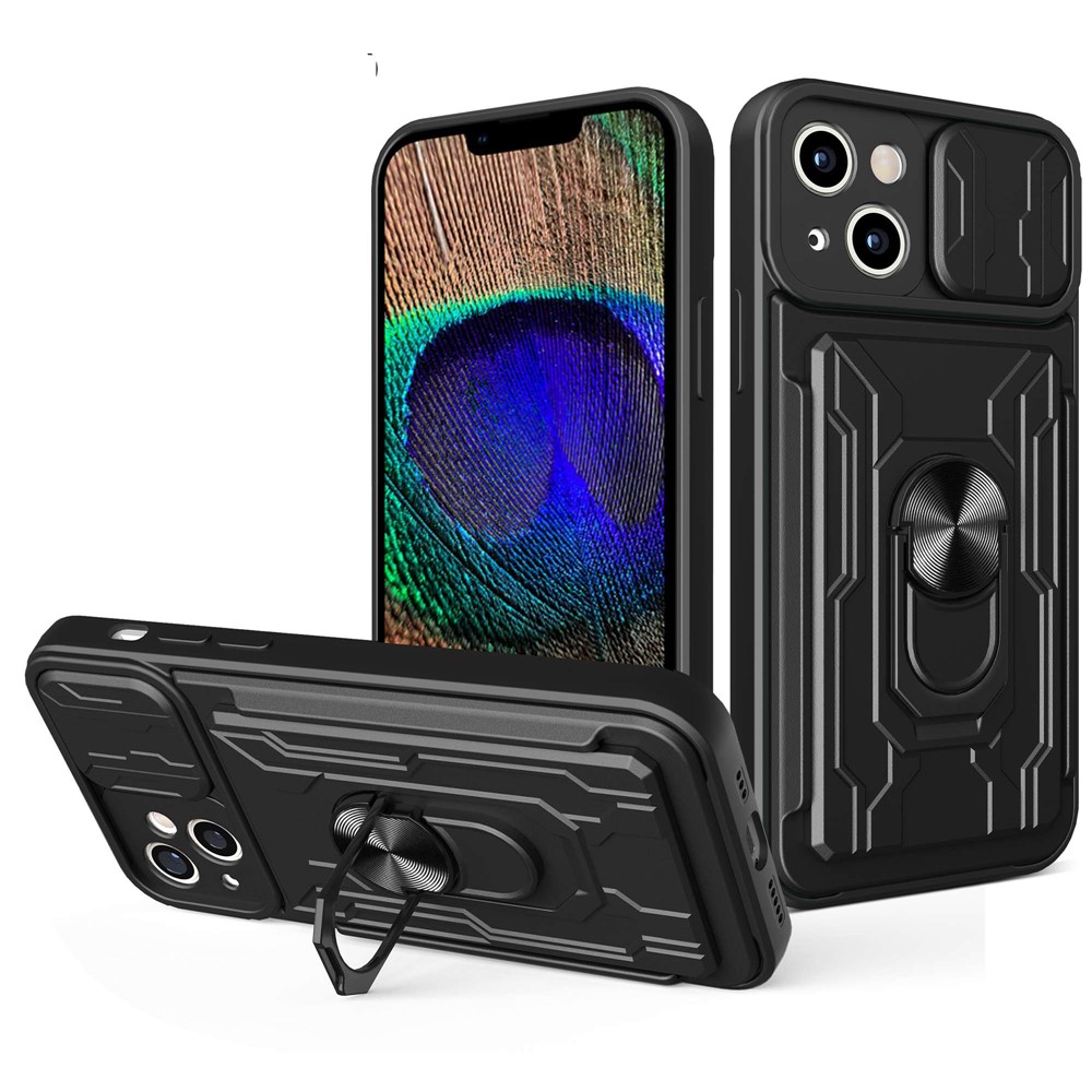 For iPhone 14 6.1 inch Slide Lens Protection Design Kickstand Case Hard PC Soft TPU Impact-Resistant Cover with Card Holder - Black-1