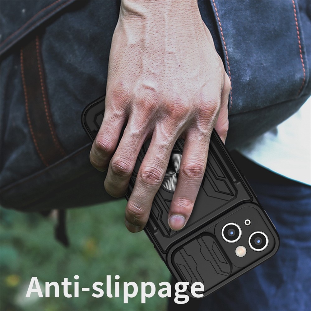 For iPhone 14 6.1 inch Slide Lens Protection Design Kickstand Case Hard PC Soft TPU Impact-Resistant Cover with Card Holder - Black-9