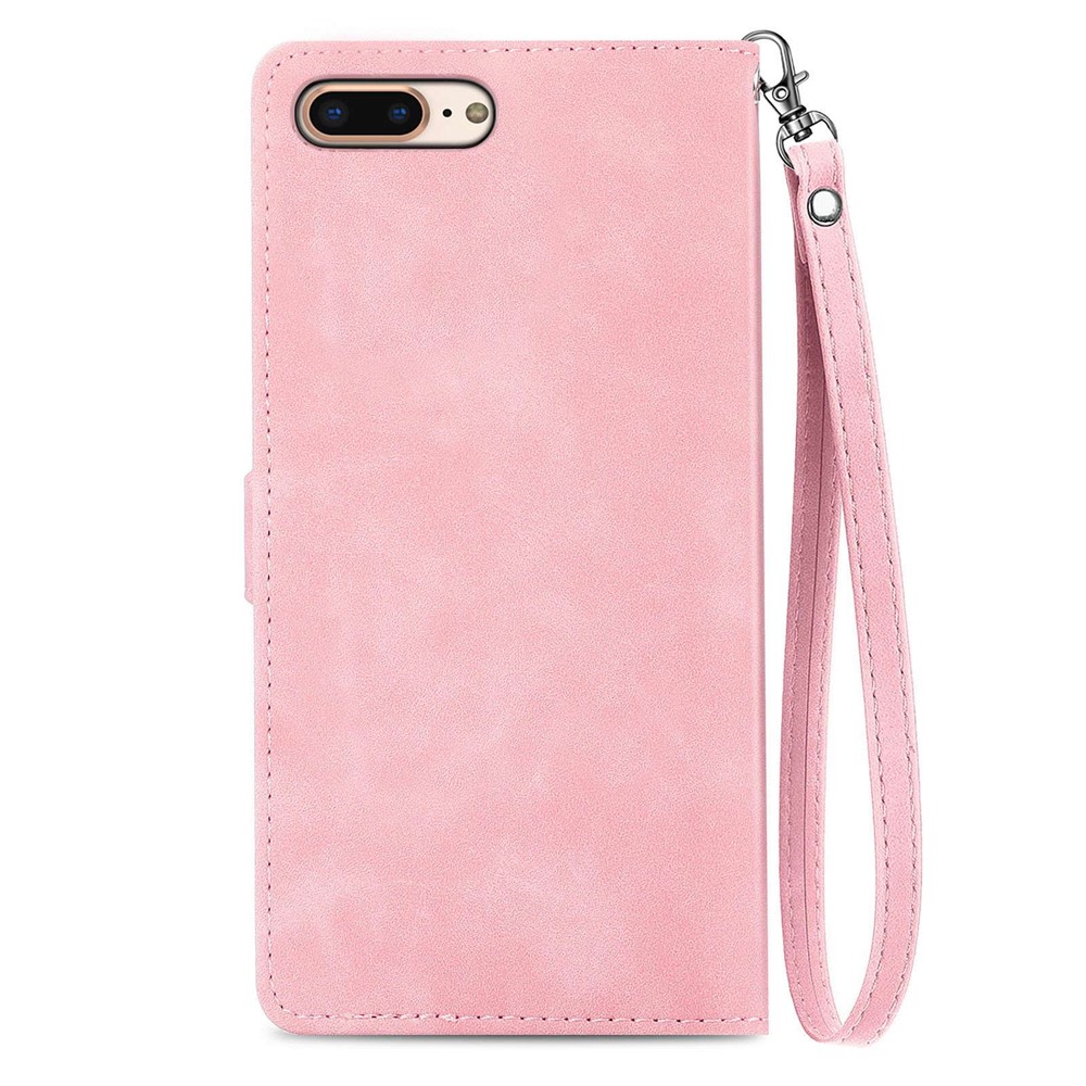 For iPhone 7 Plus/8 Plus 5.5 inch Dual-sided Magnetic Clasp Imprinted Leather Phone Case Zipper Pocket Design Folio Flip Phone Wallet Cover with Stand - Pink-11