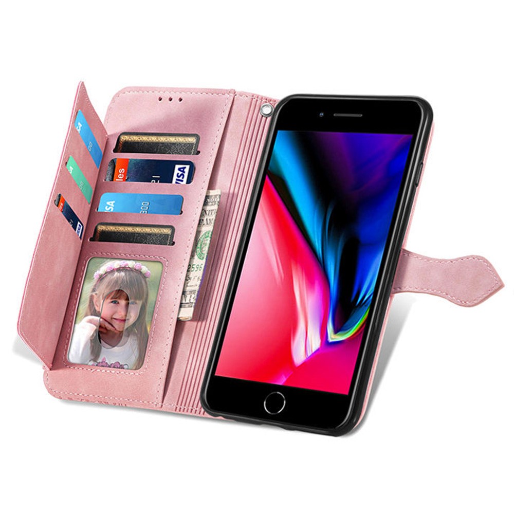For iPhone 7 Plus/8 Plus 5.5 inch Dual-sided Magnetic Clasp Imprinted Leather Phone Case Zipper Pocket Design Folio Flip Phone Wallet Cover with Stand - Pink-2