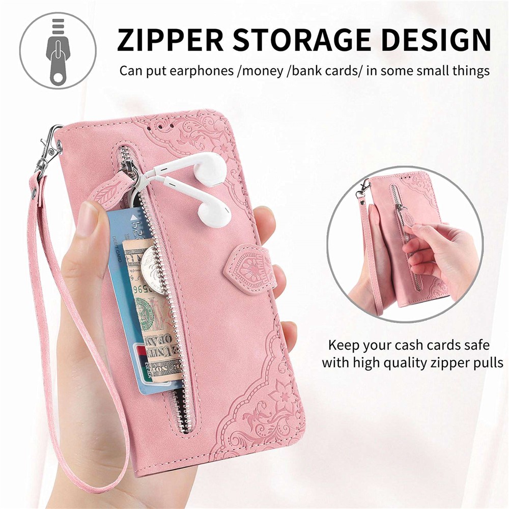 For iPhone 7 Plus/8 Plus 5.5 inch Dual-sided Magnetic Clasp Imprinted Leather Phone Case Zipper Pocket Design Folio Flip Phone Wallet Cover with Stand - Pink-5