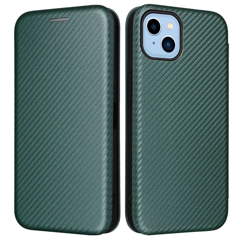 For iPhone 14 6.1 inch Carbon Fiber Texture Mobile Phone Case Magnetic Auto-absorbed PU Leather Stand Card Holder Function Phone Cover - Green-1