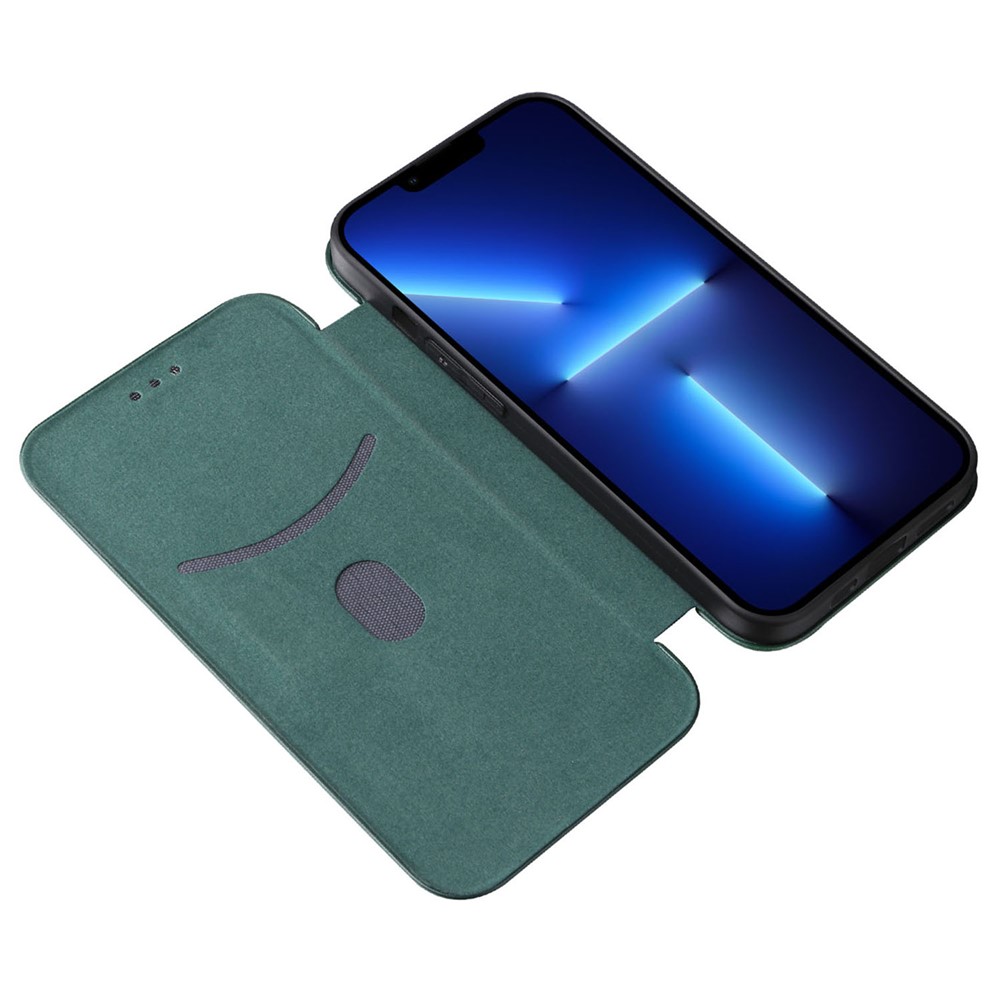 For iPhone 14 6.1 inch Carbon Fiber Texture Mobile Phone Case Magnetic Auto-absorbed PU Leather Stand Card Holder Function Phone Cover - Green-2