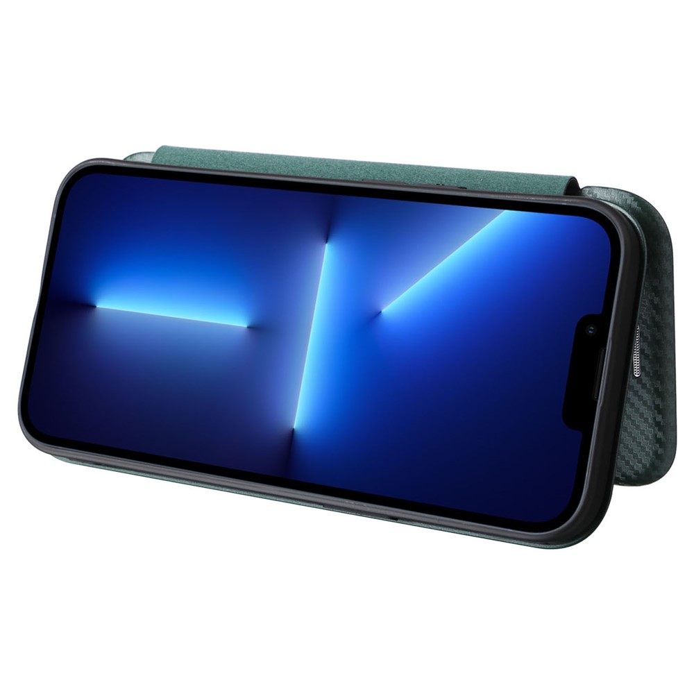 For iPhone 14 6.1 inch Carbon Fiber Texture Mobile Phone Case Magnetic Auto-absorbed PU Leather Stand Card Holder Function Phone Cover - Green-3