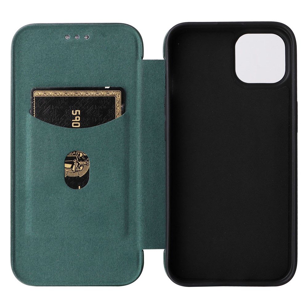 For iPhone 14 6.1 inch Carbon Fiber Texture Mobile Phone Case Magnetic Auto-absorbed PU Leather Stand Card Holder Function Phone Cover - Green-5