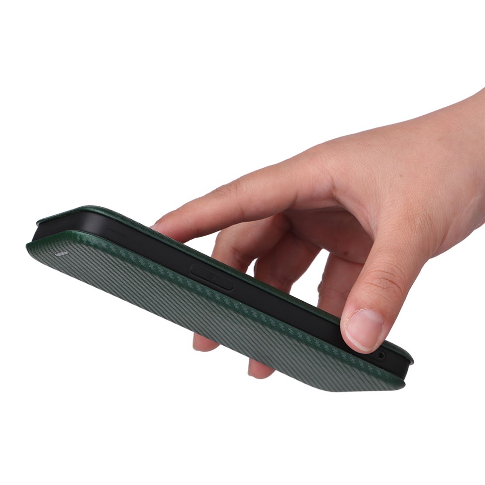 For iPhone 14 6.1 inch Carbon Fiber Texture Mobile Phone Case Magnetic Auto-absorbed PU Leather Stand Card Holder Function Phone Cover - Green-6