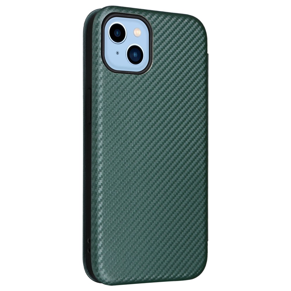 For iPhone 14 6.1 inch Carbon Fiber Texture Mobile Phone Case Magnetic Auto-absorbed PU Leather Stand Card Holder Function Phone Cover - Green-8