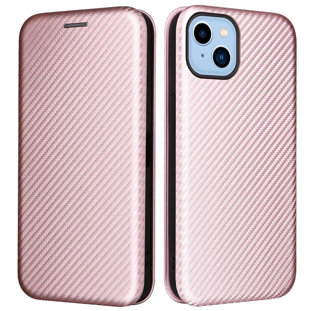 For iPhone 14 Max 6.7 inch Magnetic Auto-absorbed Carbon Fiber Texture Case PU Leather Stand Card Holder Function Phone Shell - Rose Gold-1