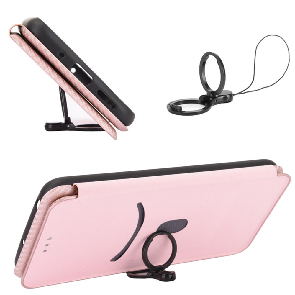 For iPhone 14 Max 6.7 inch Magnetic Auto-absorbed Carbon Fiber Texture Case PU Leather Stand Card Holder Function Phone Shell - Rose Gold-4