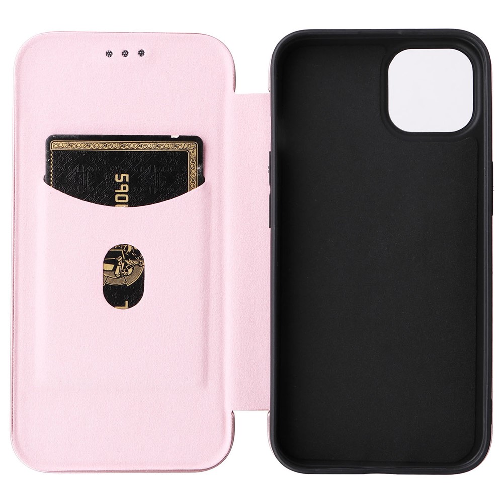 Para Iphone 14 Max 6.7 Pulgadas Magnética Automogsorbida Fibra de Carbono Textura Case de Textura PU Función de Tarjeta de Cuero Función de Teléfono - Oro Rosa-5