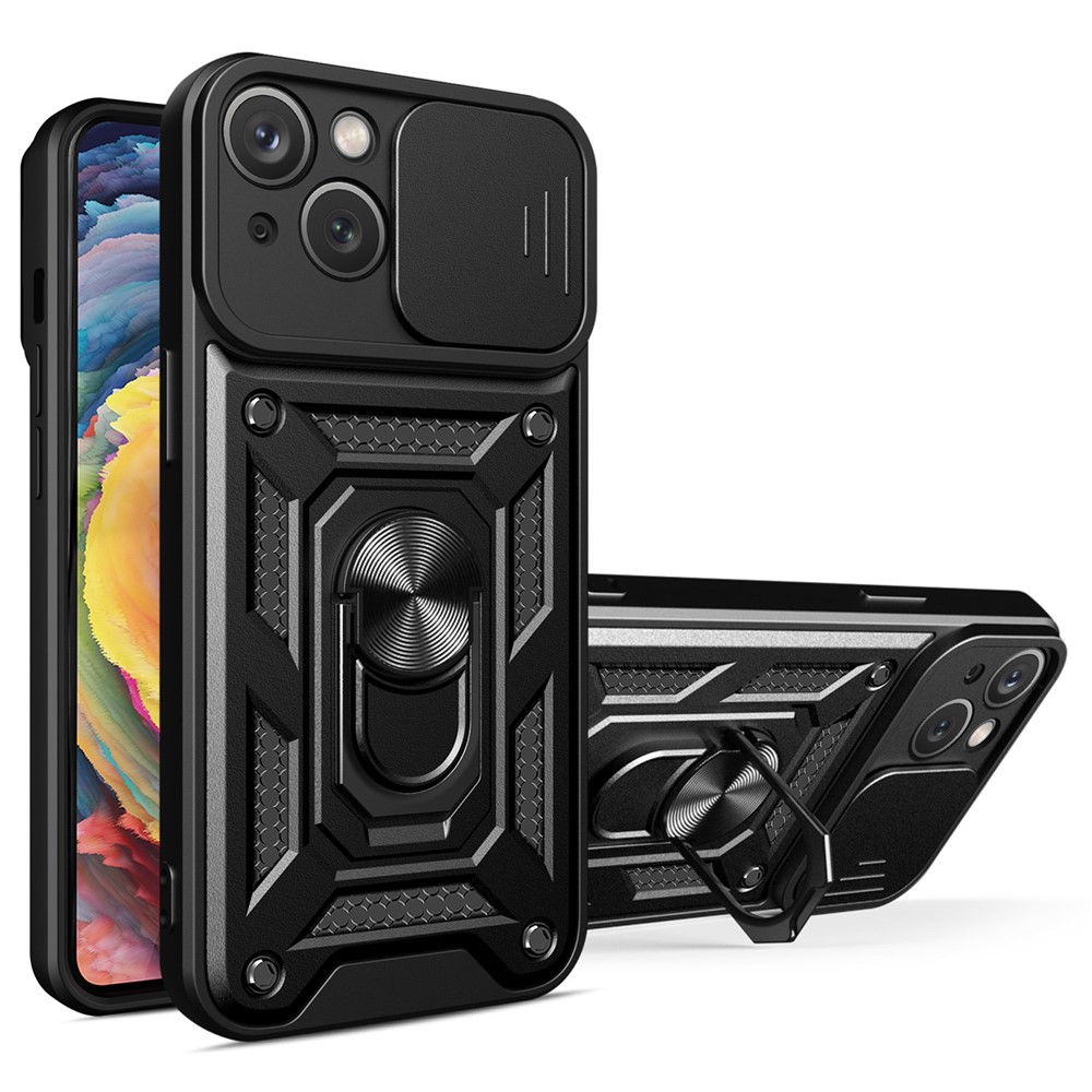 For iPhone 14 Max 6.7 inch Anti-scratch Phone Cover Slide Camera Protection PC + TPU Ring Kickstand Cell Phone Case - Black-1