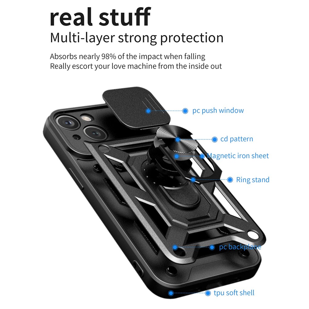 For iPhone 14 Max 6.7 inch Anti-scratch Phone Cover Slide Camera Protection PC + TPU Ring Kickstand Cell Phone Case - Black-2