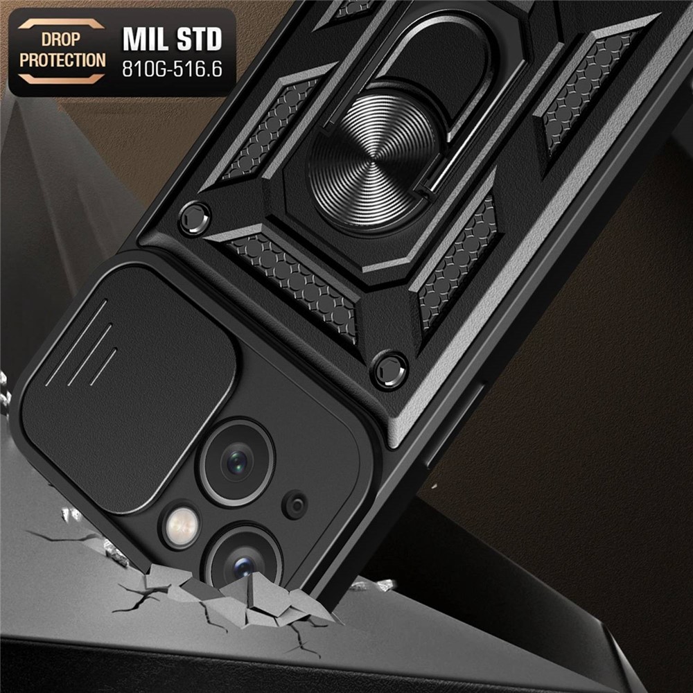 For iPhone 14 Max 6.7 inch Anti-scratch Phone Cover Slide Camera Protection PC + TPU Ring Kickstand Cell Phone Case - Black-7