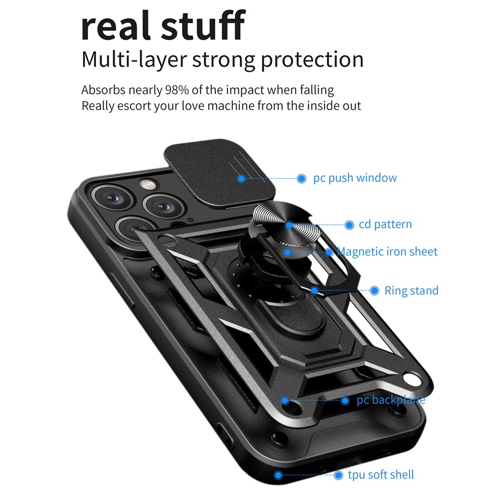 Anti-fingerprint Phone Shell for iPhone 14 Pro 6.1 inch, Kickstand Slide Camera Protection PC + TPU Anti-scratch Phone Cover Case - Black-2
