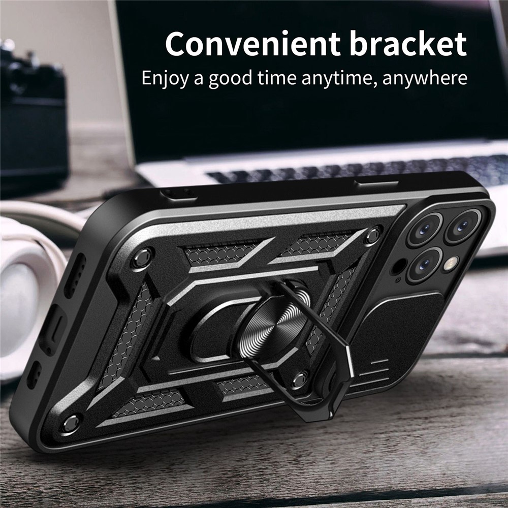 Anti-fingerprint Phone Shell for iPhone 14 Pro 6.1 inch, Kickstand Slide Camera Protection PC + TPU Anti-scratch Phone Cover Case - Black-3
