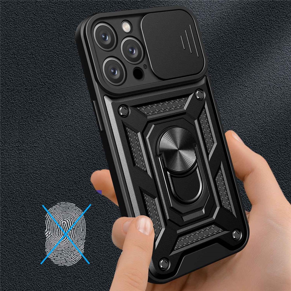 Anti-fingerprint Phone Shell for iPhone 14 Pro 6.1 inch, Kickstand Slide Camera Protection PC + TPU Anti-scratch Phone Cover Case - Black-4