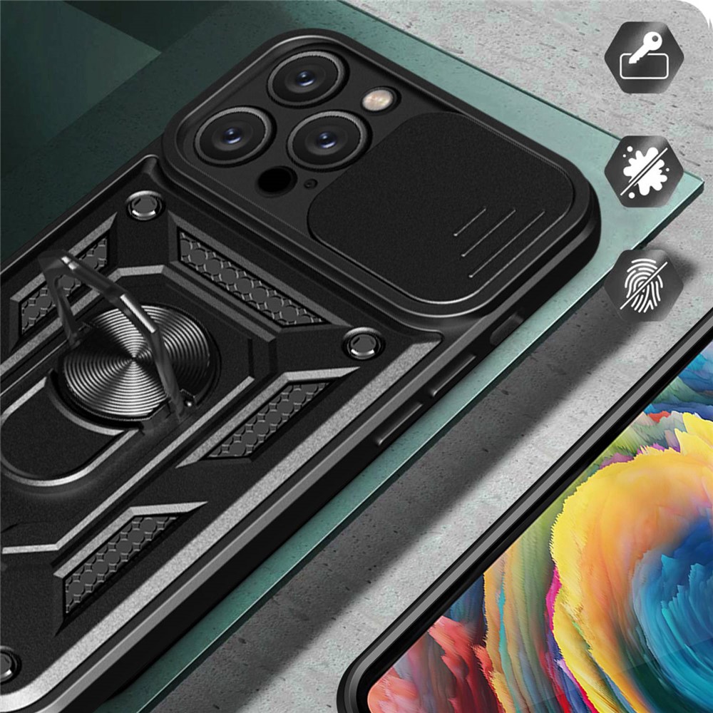 Anti-fingerprint Phone Shell for iPhone 14 Pro 6.1 inch, Kickstand Slide Camera Protection PC + TPU Anti-scratch Phone Cover Case - Black-5